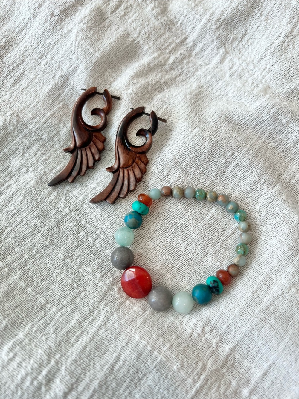 Set of Two Beaded Stretch Bracelet and Wooden Tribal Earrings